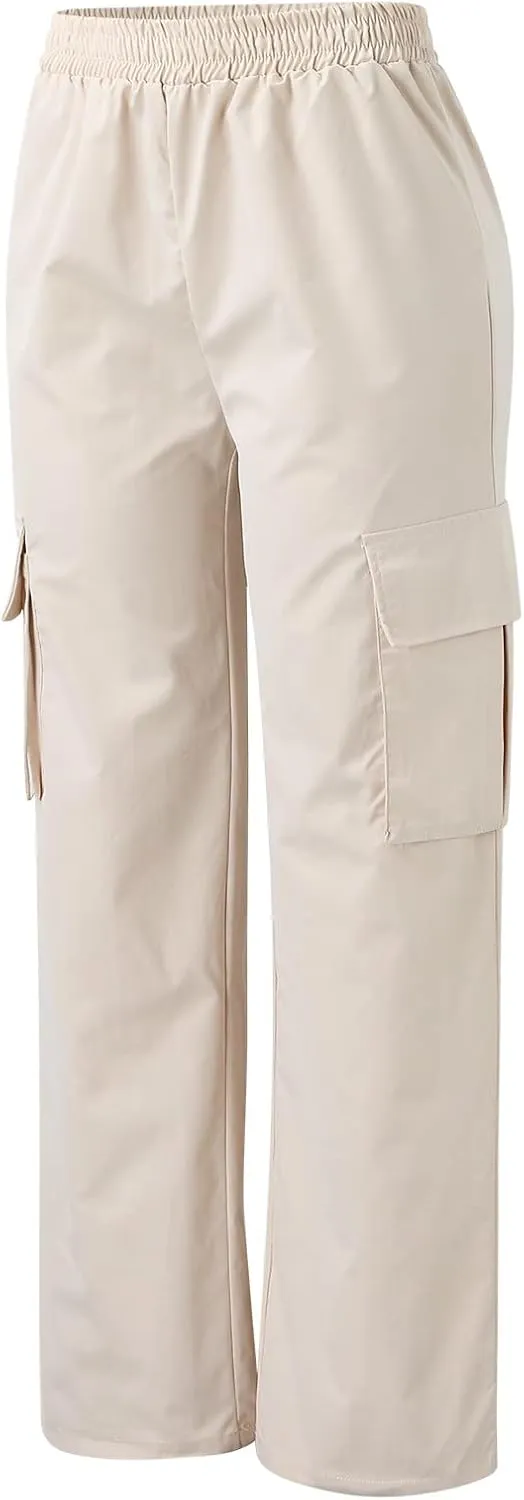 Women's Belt Less High Waisted Straight Leg Trousers Relaxed Style Casual Trousers Cargo Pants with Pockets
