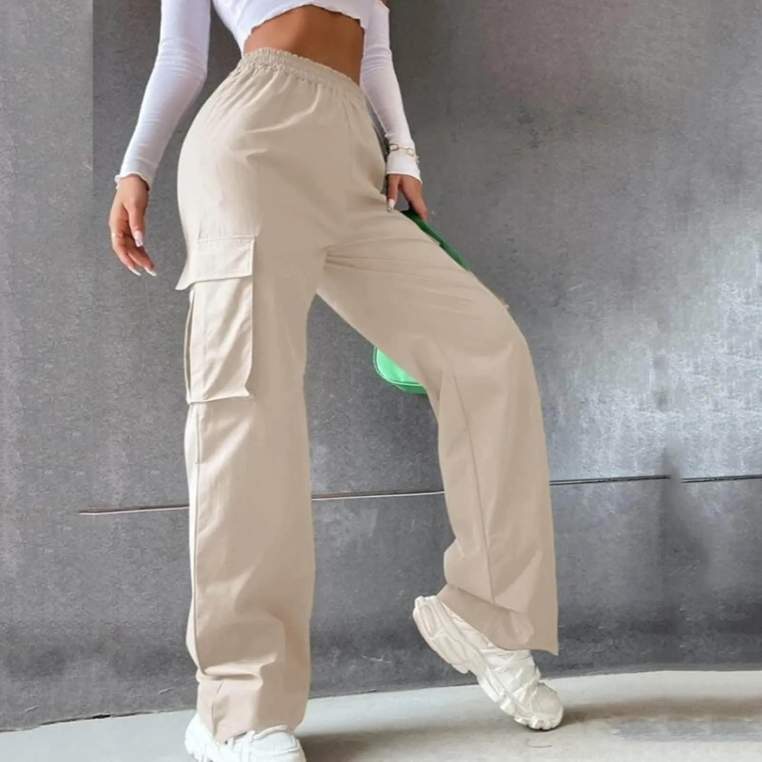 Women's Belt Less High Waisted Straight Leg Trousers Relaxed Style Casual Trousers Cargo Pants with Pockets