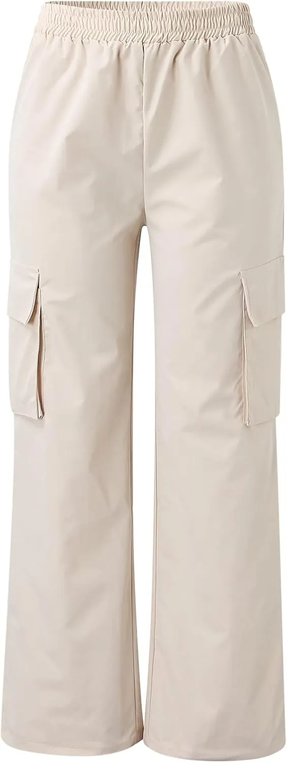 Women's Belt Less High Waisted Straight Leg Trousers Relaxed Style Casual Trousers Cargo Pants with Pockets