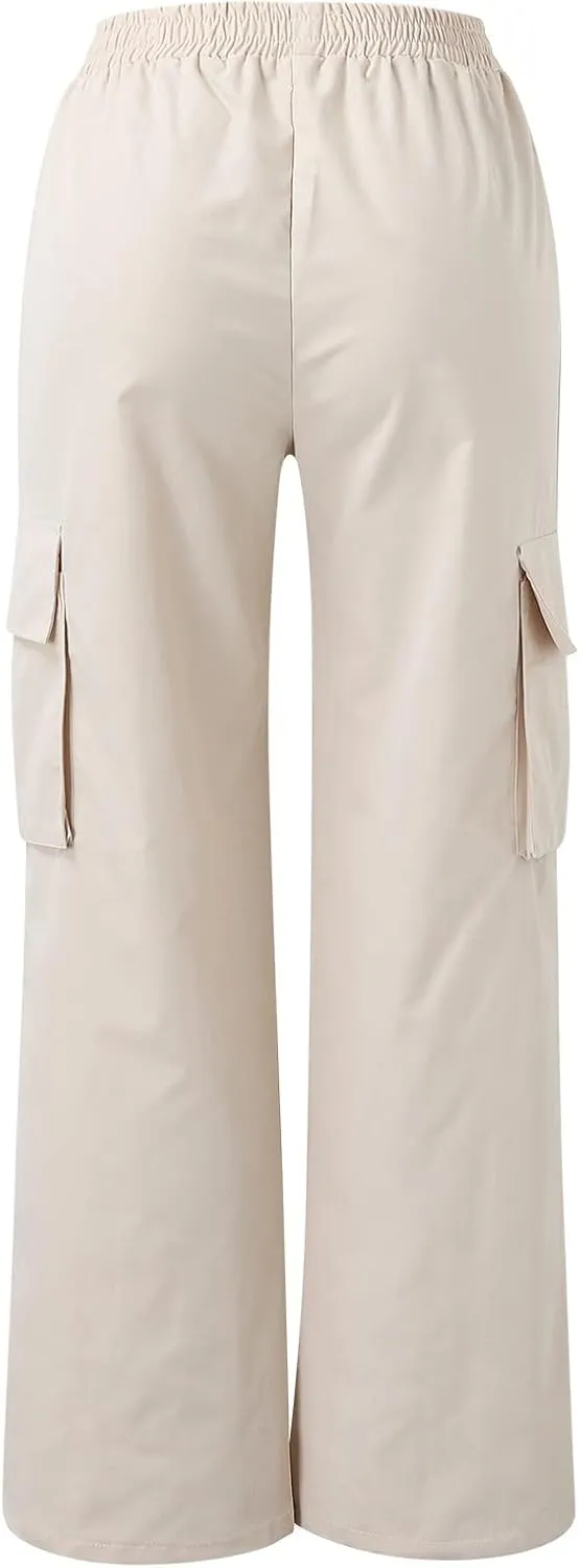 Women's Belt Less High Waisted Straight Leg Trousers Relaxed Style Casual Trousers Cargo Pants with Pockets