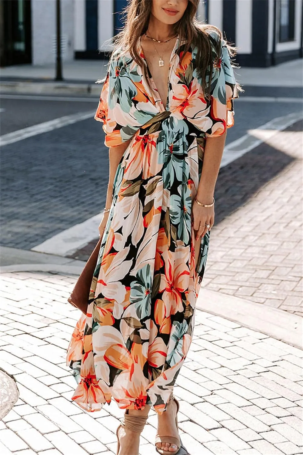 Women's Bohemian Dress Beach Floral Sundress Flowy Boho Midi Dresses Print Side Slit Deep V-Neck Vacation Long Skirts