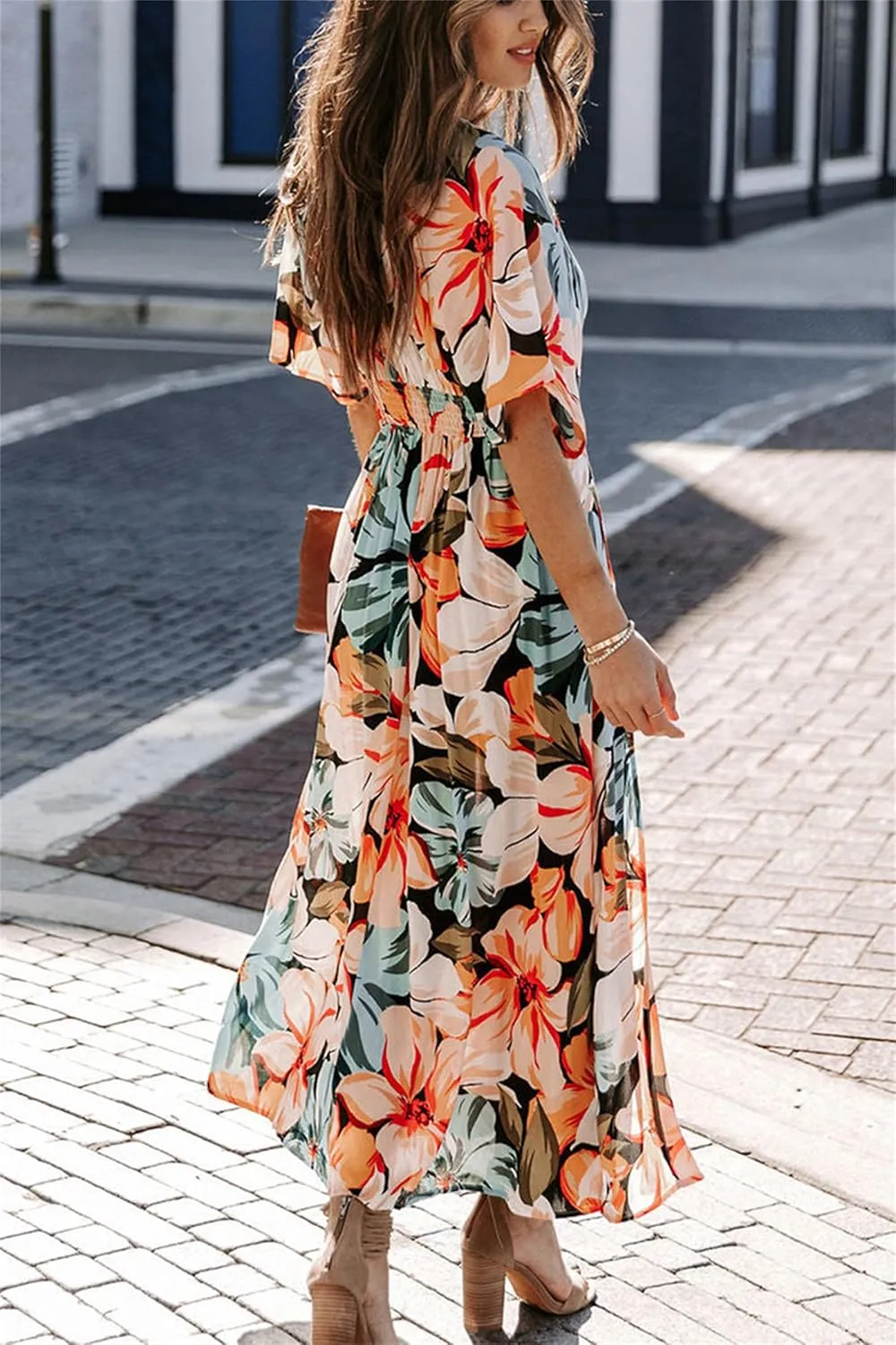 Women's Bohemian Dress Beach Floral Sundress Flowy Boho Midi Dresses Print Side Slit Deep V-Neck Vacation Long Skirts