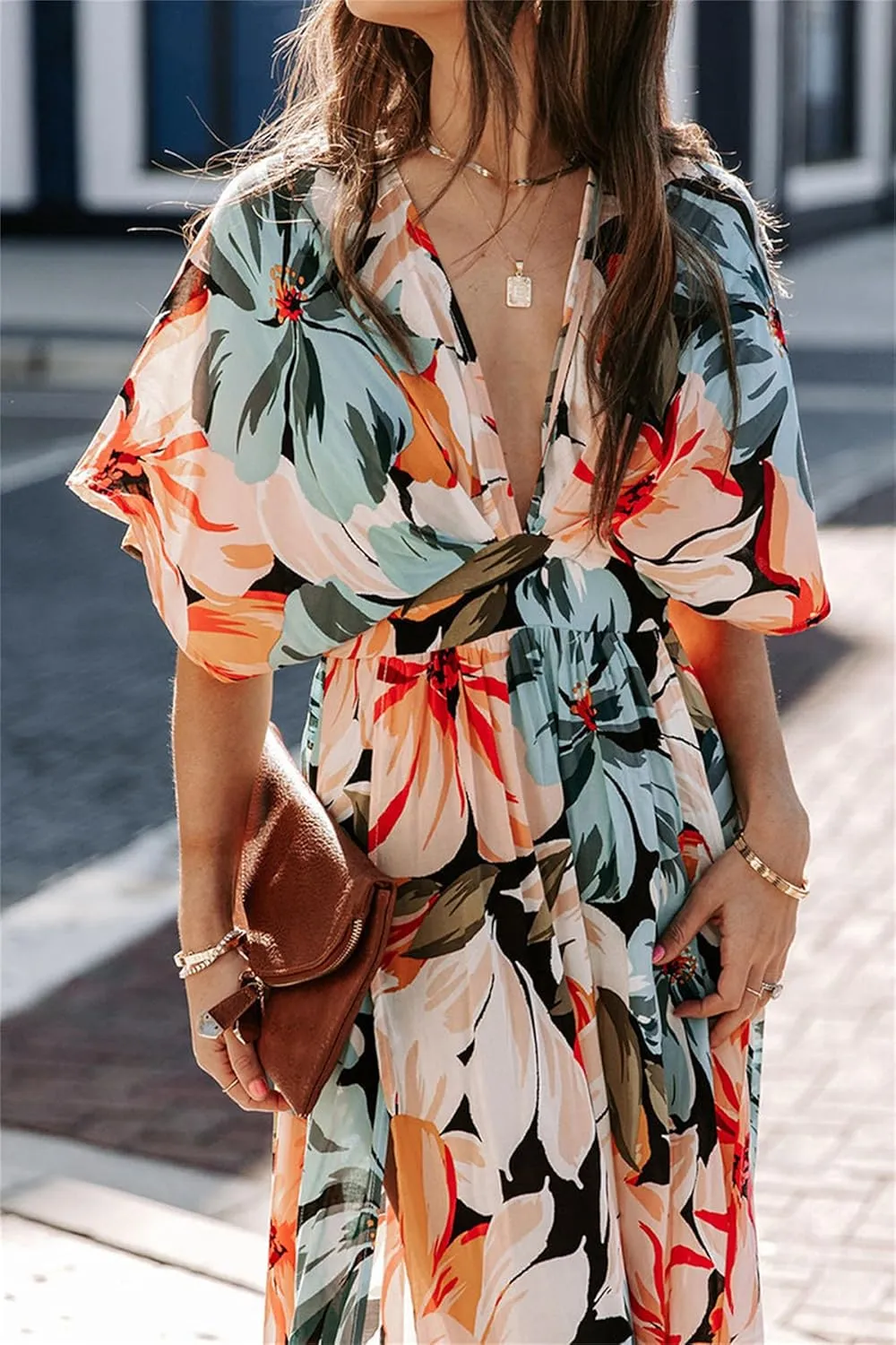 Women's Bohemian Dress Beach Floral Sundress Flowy Boho Midi Dresses Print Side Slit Deep V-Neck Vacation Long Skirts
