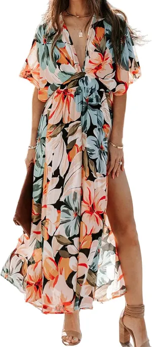 Women's Bohemian Dress Beach Floral Sundress Flowy Boho Midi Dresses Print Side Slit Deep V-Neck Vacation Long Skirts