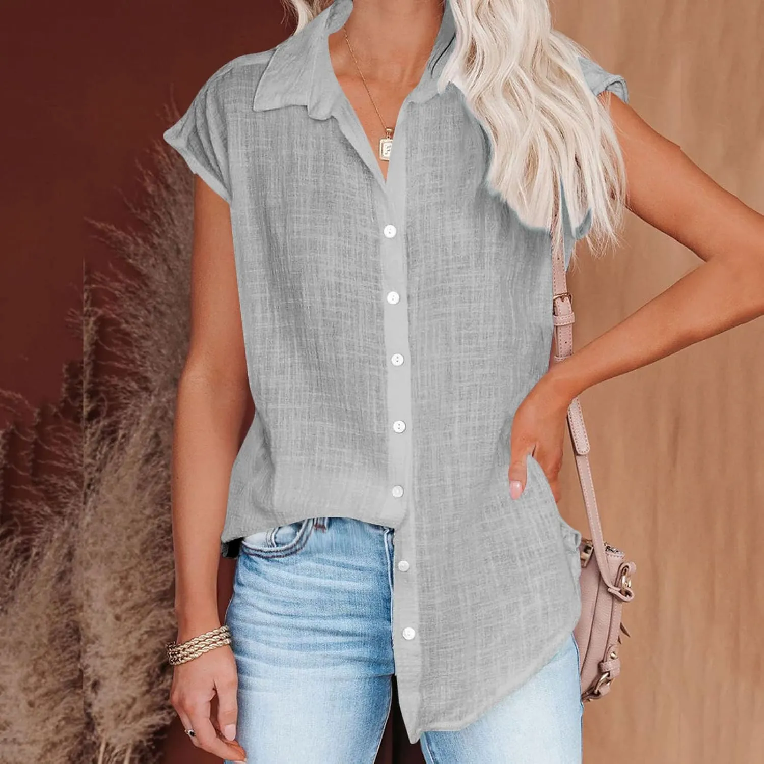 Womens Button Down Shirts Cotton Linen Cap Sleeve Blouse Summer V Neck Lightweight Gauze Tops Loose Casual Tees