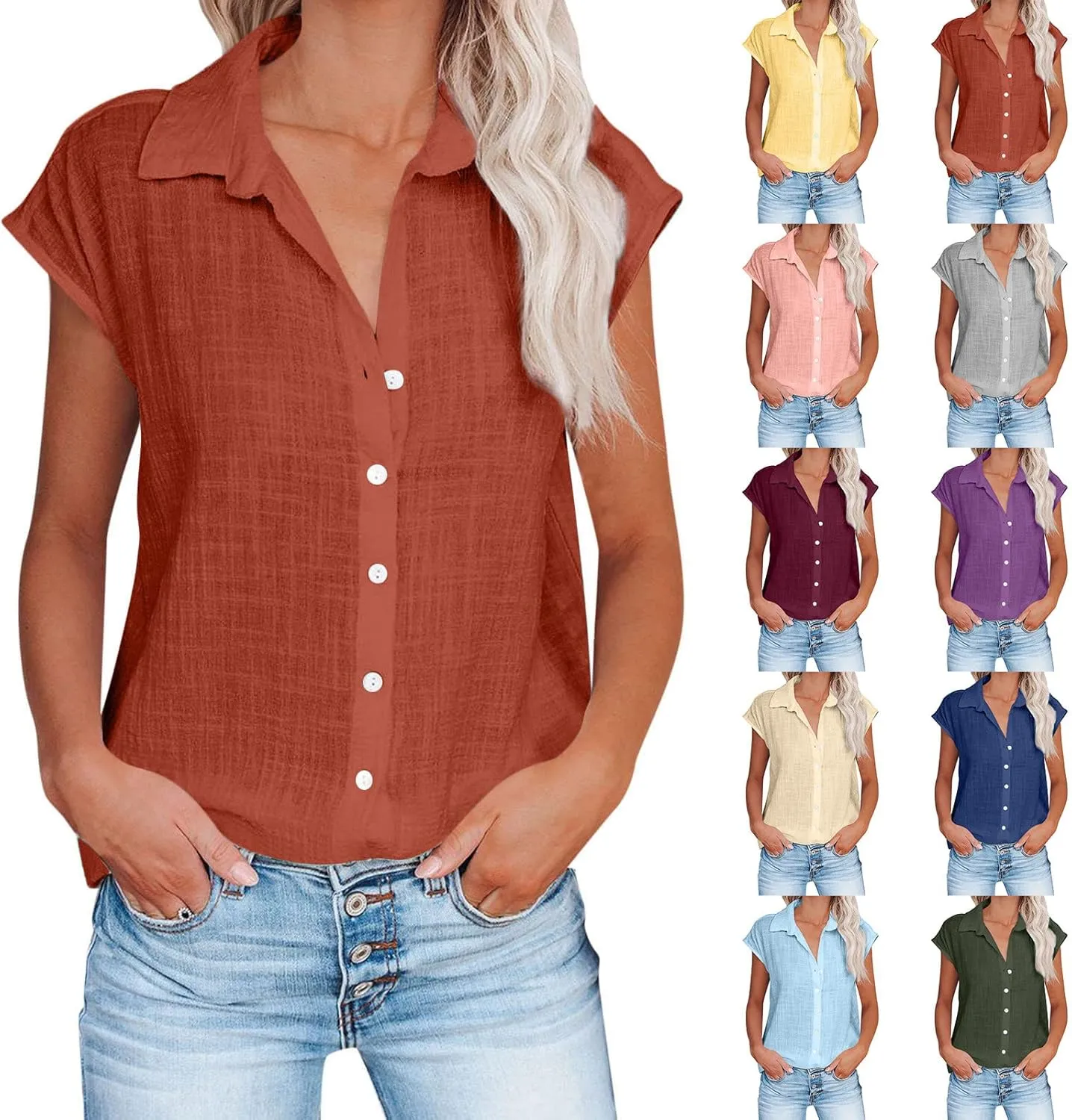 Womens Button Down Shirts Cotton Linen Cap Sleeve Blouse Summer V Neck Lightweight Gauze Tops Loose Casual Tees