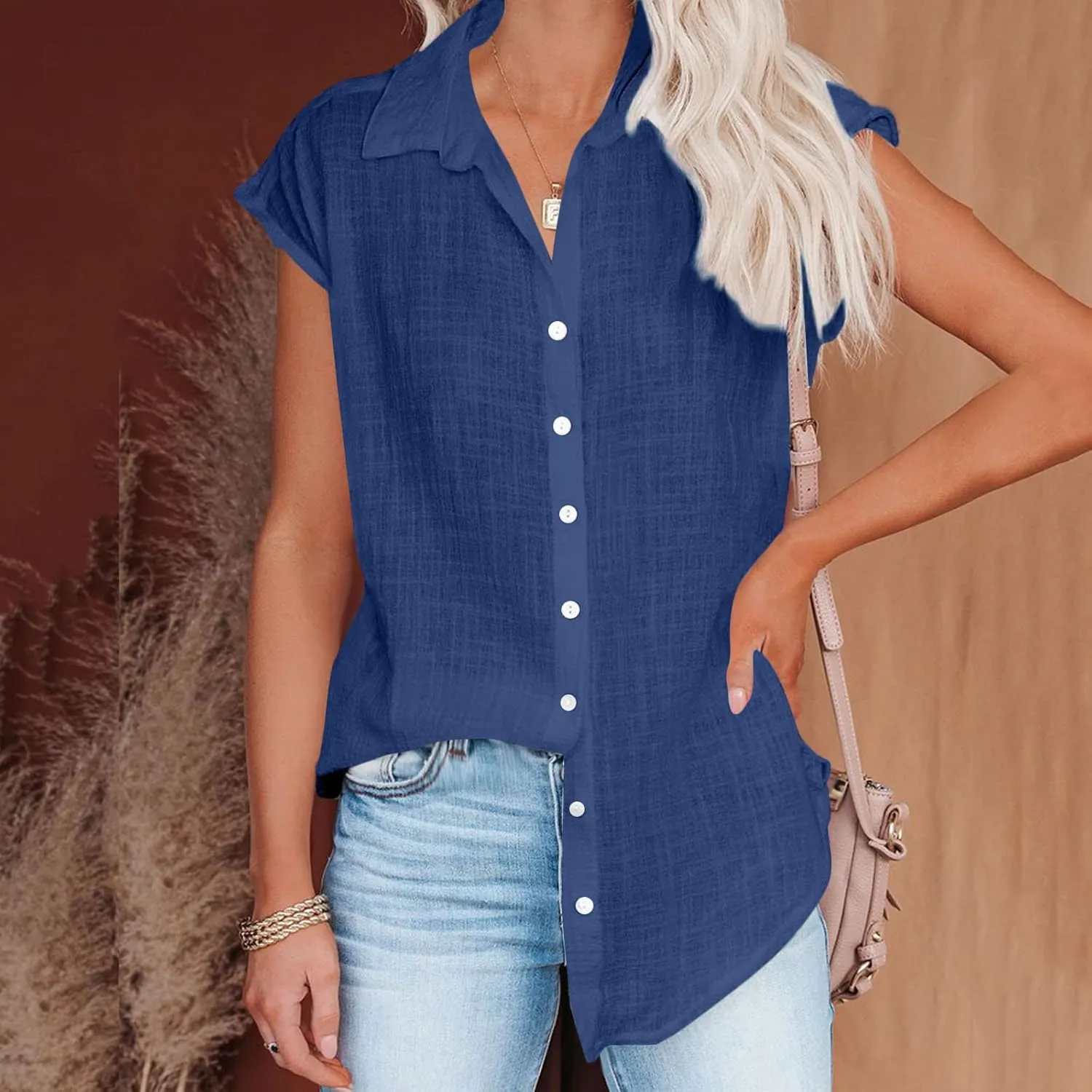Womens Button Down Shirts Cotton Linen Cap Sleeve Blouse Summer V Neck Lightweight Gauze Tops Loose Casual Tees