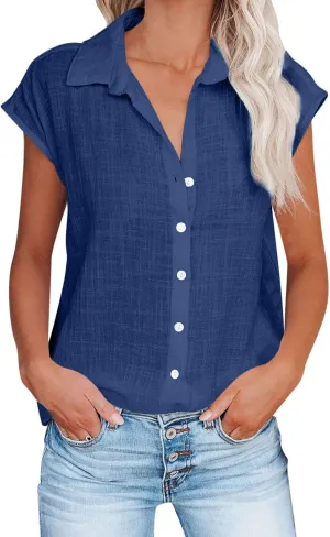 Womens Button Down Shirts Cotton Linen Cap Sleeve Blouse Summer V Neck Lightweight Gauze Tops Loose Casual Tees