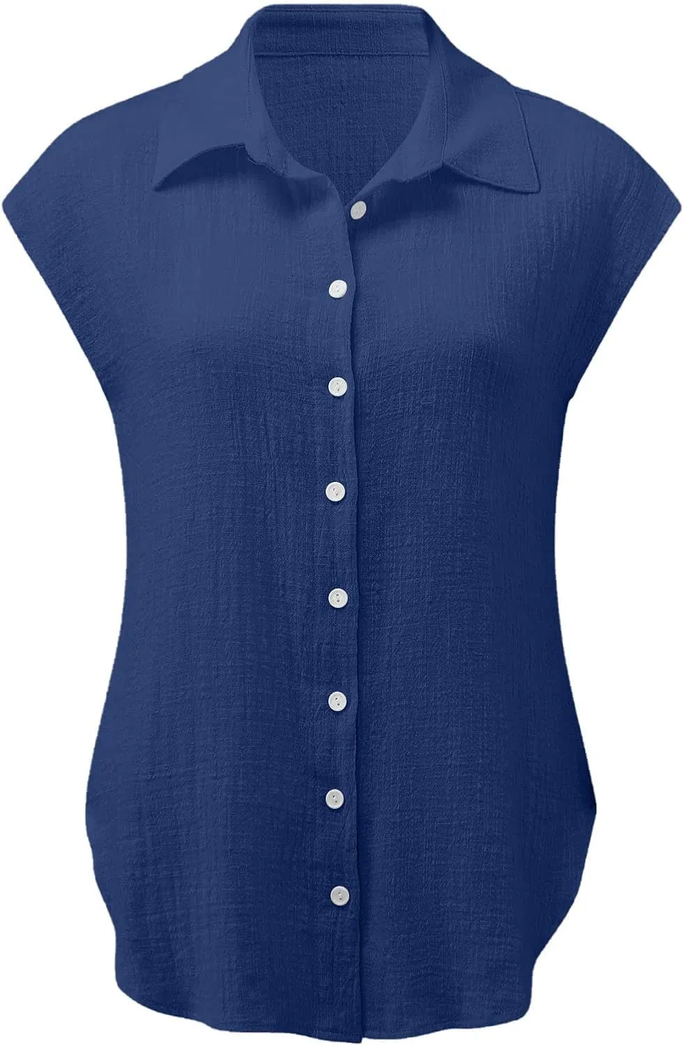 Womens Button Down Shirts Cotton Linen Cap Sleeve Blouse Summer V Neck Lightweight Gauze Tops Loose Casual Tees