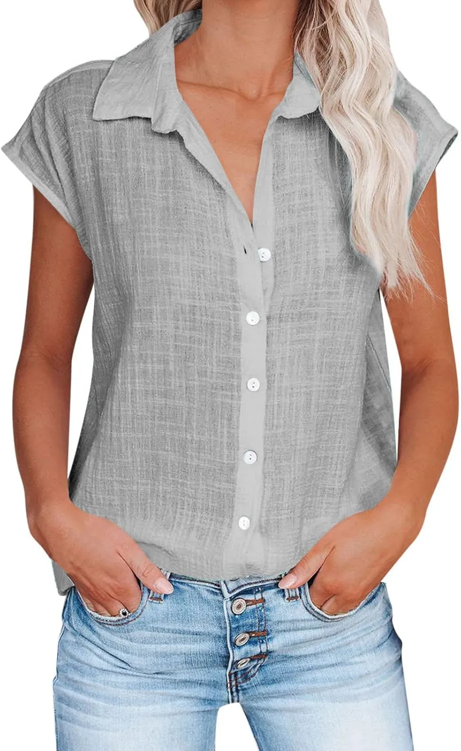 Womens Button Down Shirts Cotton Linen Cap Sleeve Blouse Summer V Neck Lightweight Gauze Tops Loose Casual Tees
