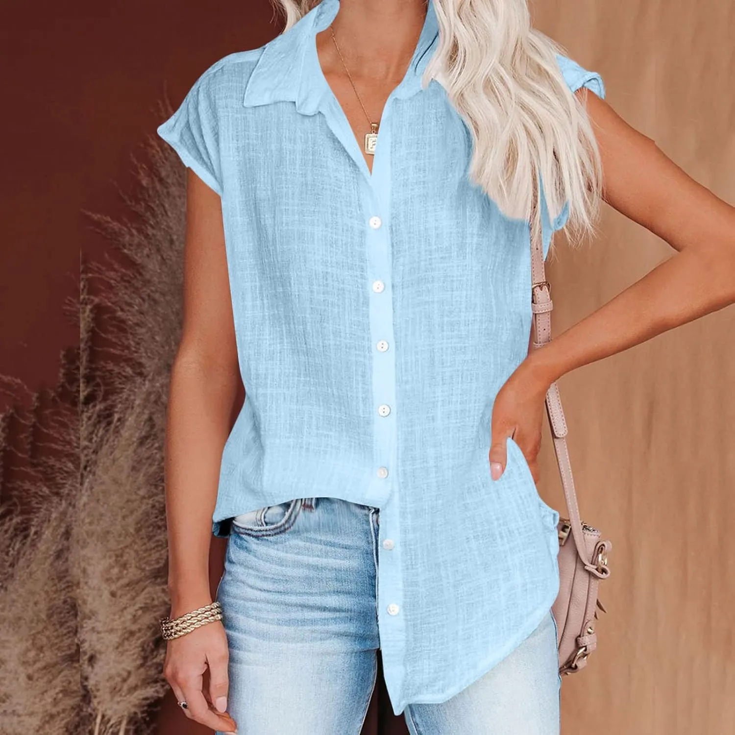 Womens Button Down Shirts Cotton Linen Cap Sleeve Blouse Summer V Neck Lightweight Gauze Tops Loose Casual Tees