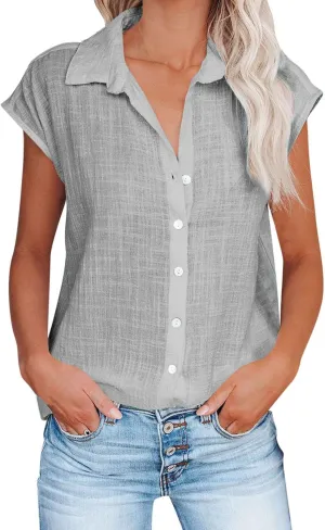 Womens Button Down Shirts Cotton Linen Cap Sleeve Blouse Summer V Neck Lightweight Gauze Tops Loose Casual Tees