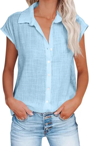 Womens Button Down Shirts Cotton Linen Cap Sleeve Blouse Summer V Neck Lightweight Gauze Tops Loose Casual Tees
