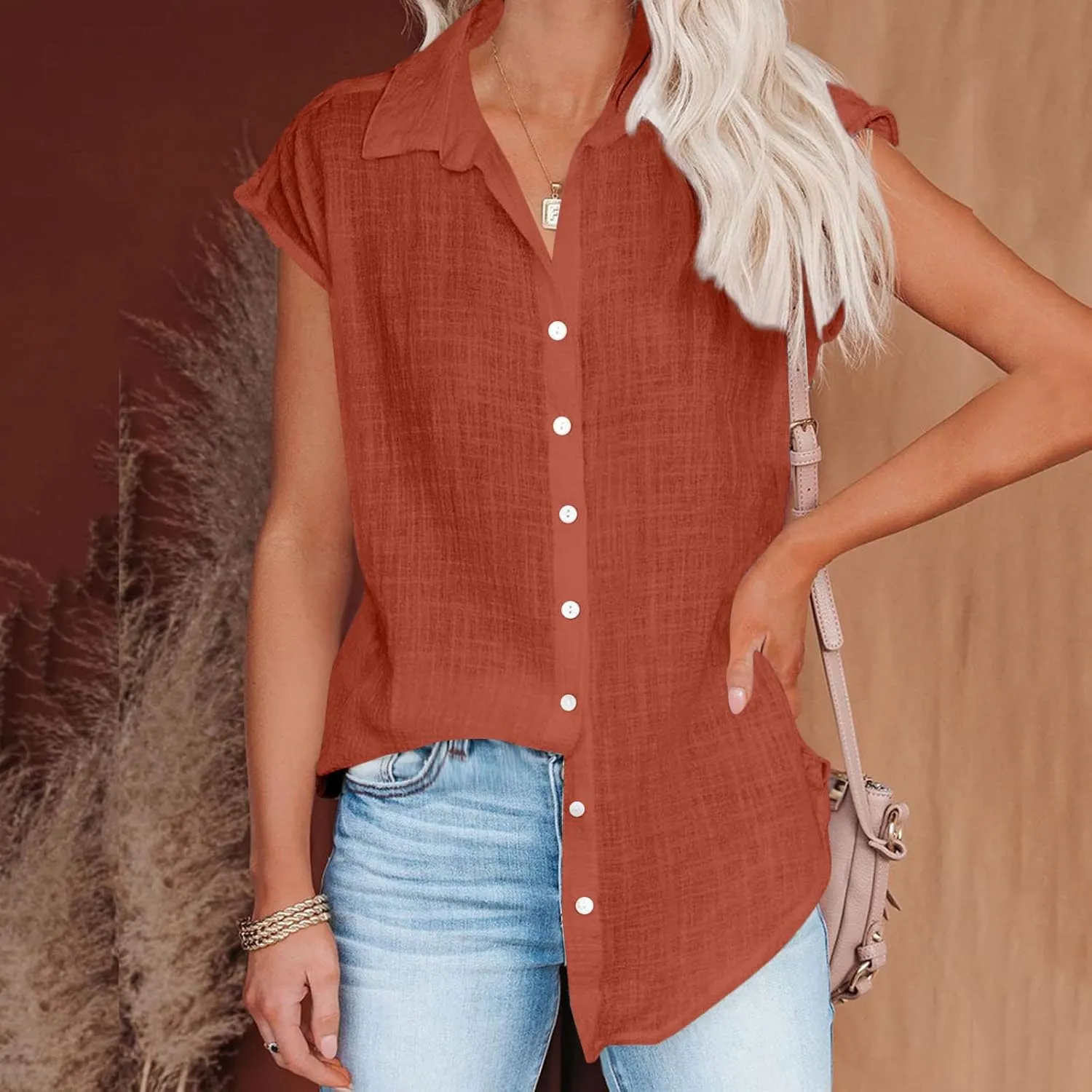 Womens Button Down Shirts Cotton Linen Cap Sleeve Blouse Summer V Neck Lightweight Gauze Tops Loose Casual Tees