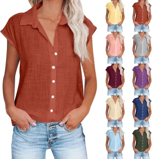 Womens Button Down Shirts Cotton Linen Cap Sleeve Blouse Summer V Neck Lightweight Gauze Tops Loose Casual Tees