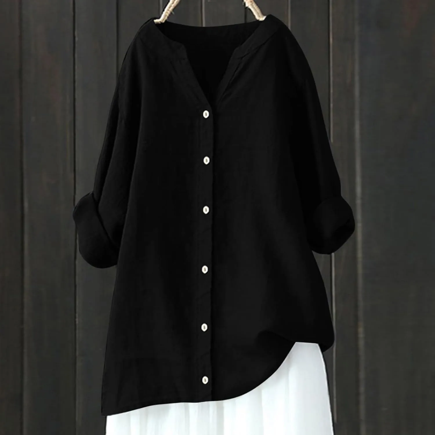 Womens Button Up Shirts Solid Color Short Sleeve Linen Summer Casual Fashion Blouse Top Loose T-Shirt