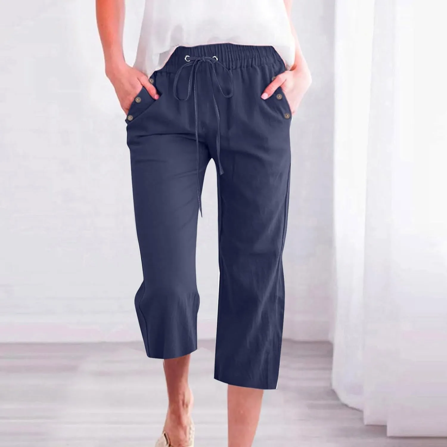 Womens Capri Linen Pants Summer 2025 Casual Drawstring High Waisted Straight Wide Leg Travel Dressy Cropped Trousers