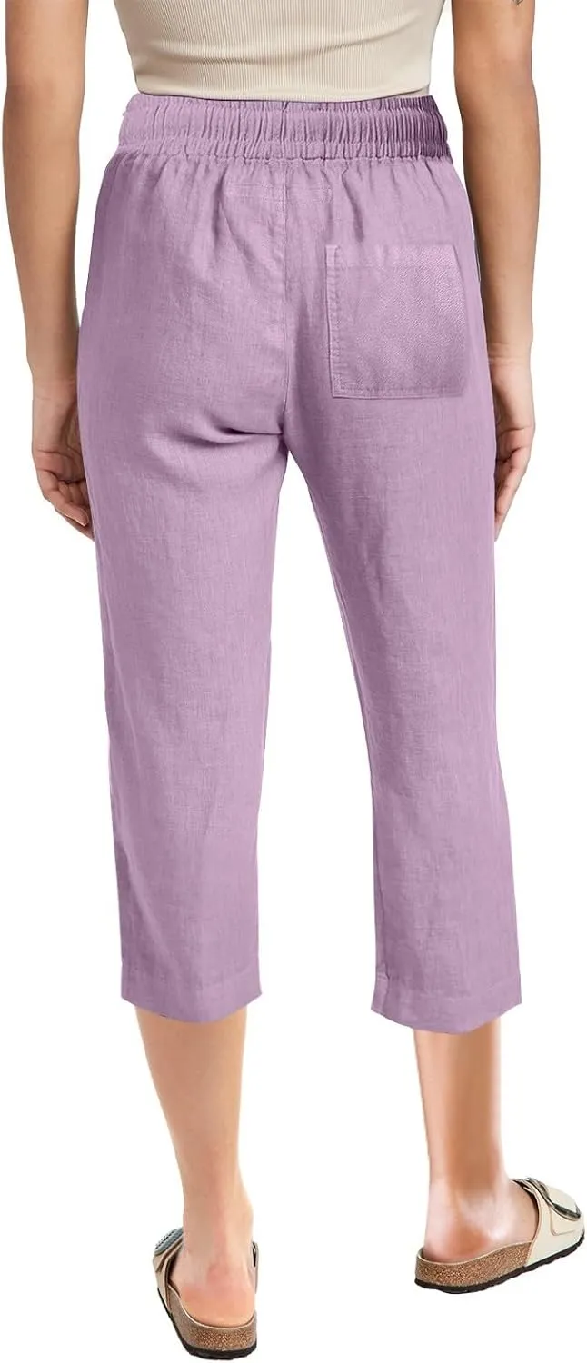 Womens Capri Linen Pants Summer 2025 Casual Drawstring High Waisted Straight Wide Leg Travel Dressy Cropped Trousers
