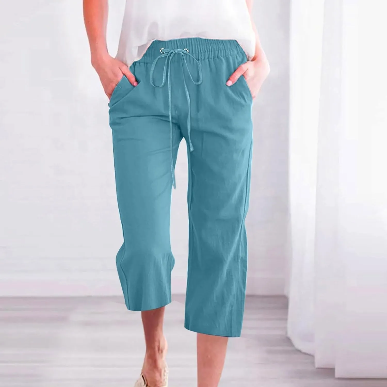 Womens Capri Linen Pants Summer 2025 Casual Drawstring High Waisted Straight Wide Leg Travel Dressy Cropped Trousers
