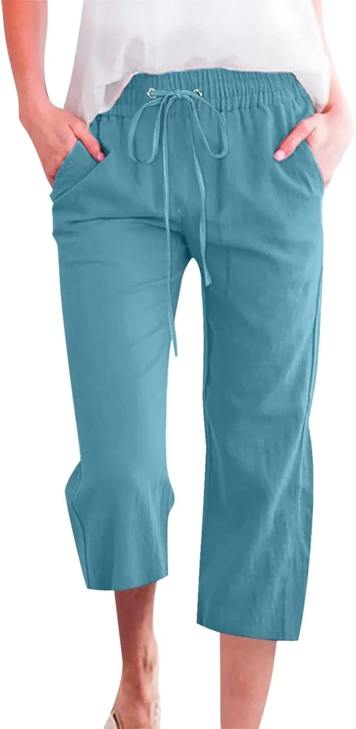 Womens Capri Linen Pants Summer 2025 Casual Drawstring High Waisted Straight Wide Leg Travel Dressy Cropped Trousers