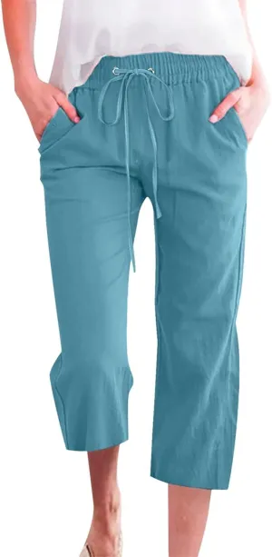 Womens Capri Linen Pants Summer 2025 Casual Drawstring High Waisted Straight Wide Leg Travel Dressy Cropped Trousers