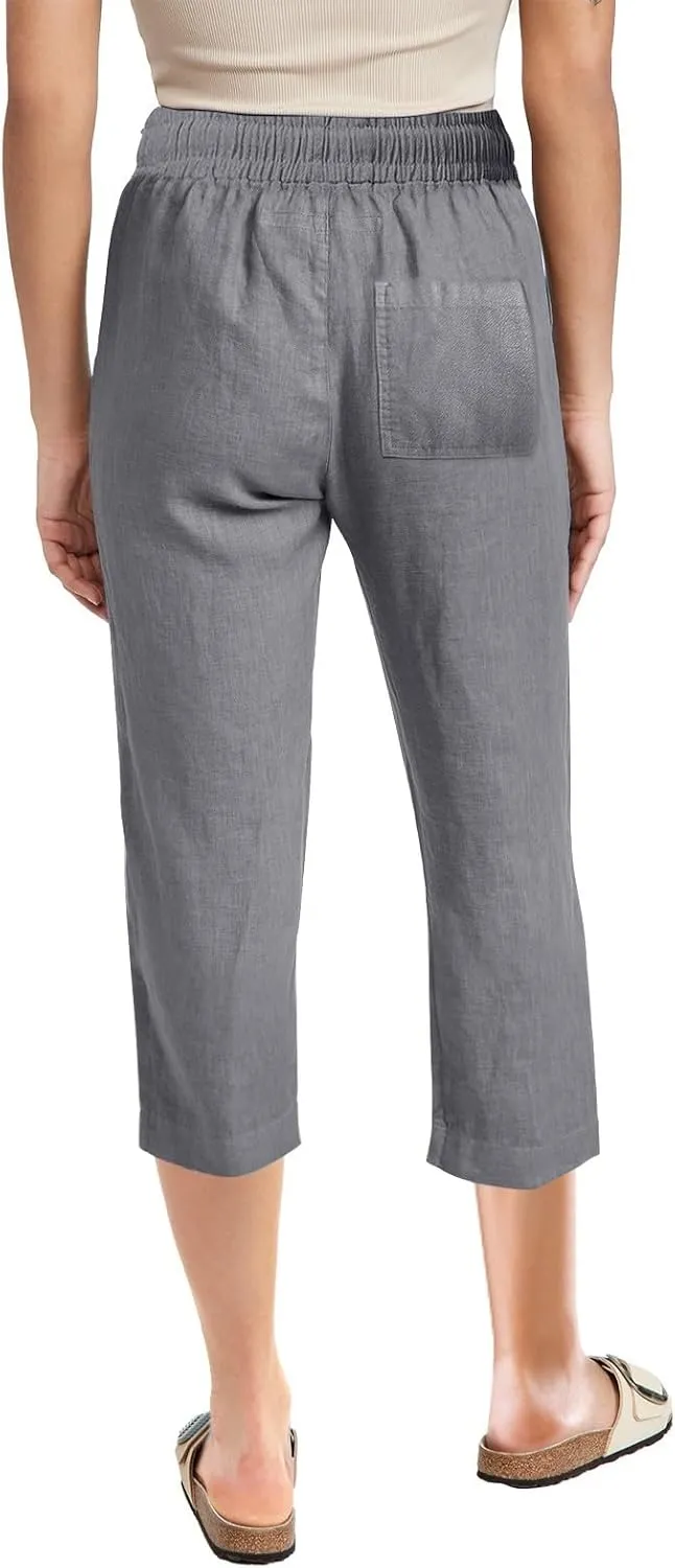 Womens Capri Linen Pants Summer 2025 Casual Drawstring High Waisted Straight Wide Leg Travel Dressy Cropped Trousers
