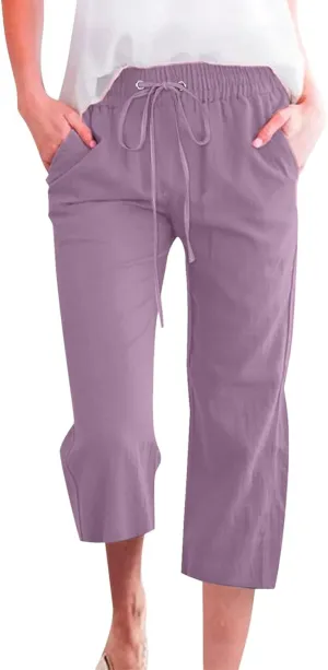 Womens Capri Linen Pants Summer 2025 Casual Drawstring High Waisted Straight Wide Leg Travel Dressy Cropped Trousers