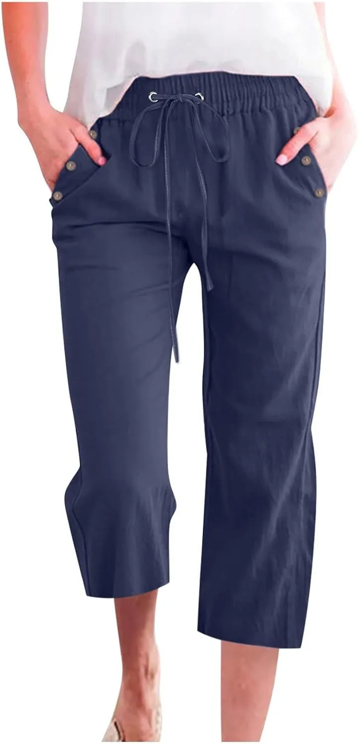 Womens Capri Linen Pants Summer 2025 Casual Drawstring High Waisted Straight Wide Leg Travel Dressy Cropped Trousers