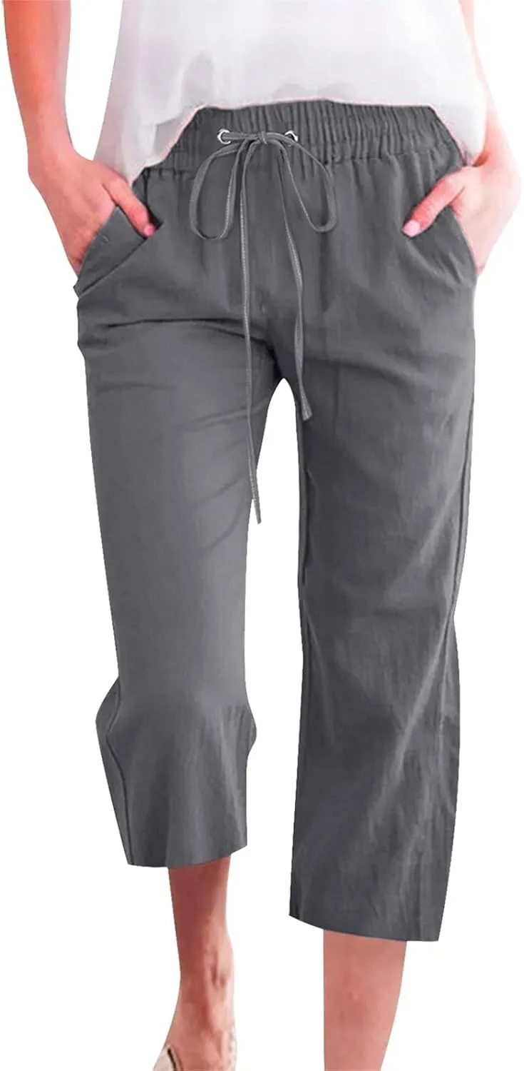 Womens Capri Linen Pants Summer 2025 Casual Drawstring High Waisted Straight Wide Leg Travel Dressy Cropped Trousers