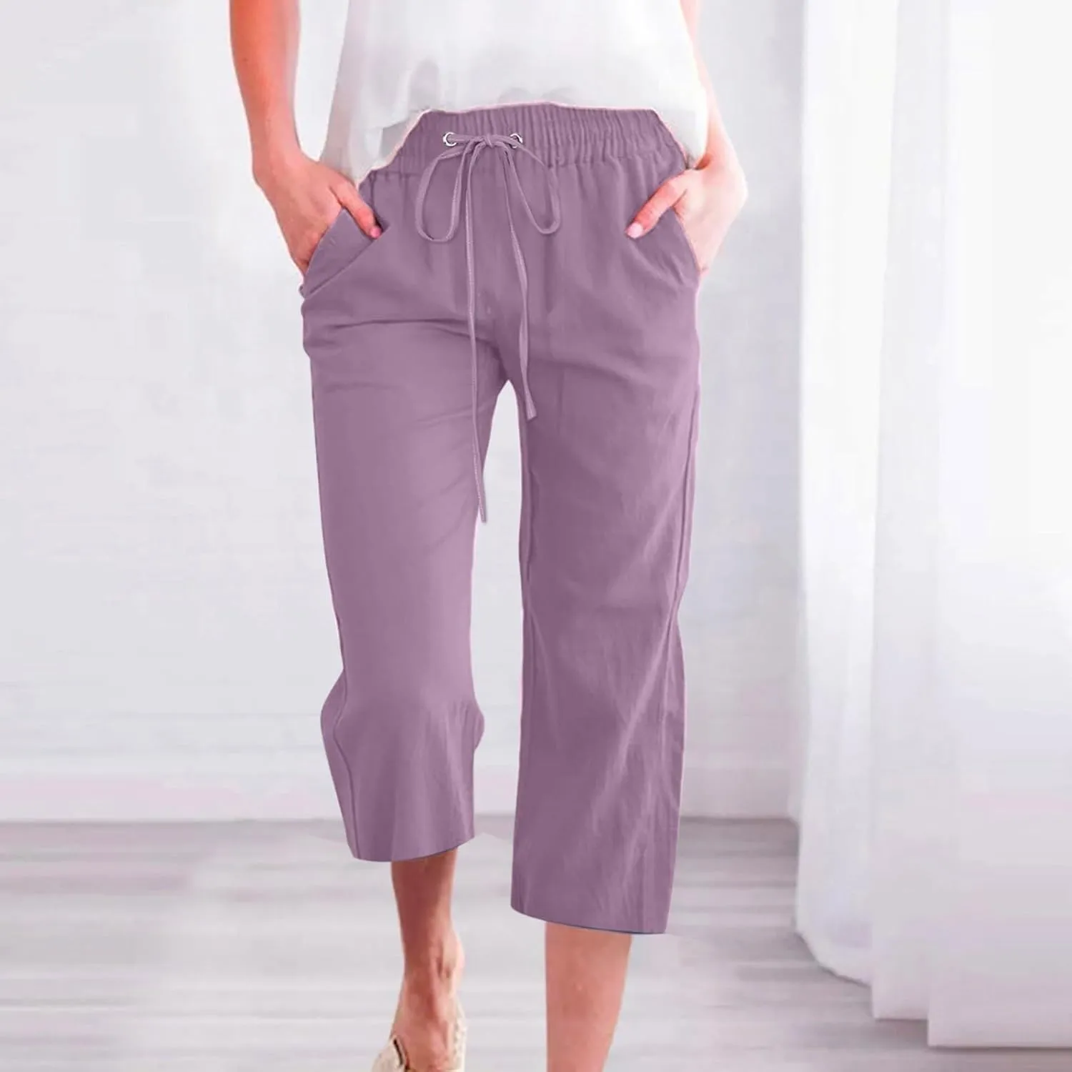 Womens Capri Linen Pants Summer 2025 Casual Drawstring High Waisted Straight Wide Leg Travel Dressy Cropped Trousers