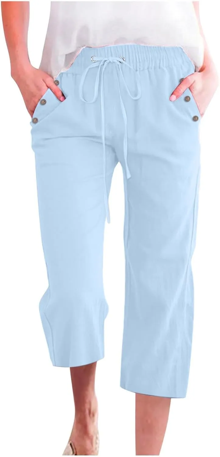 Womens Capri Linen Pants Summer 2025 Casual Drawstring High Waisted Straight Wide Leg Travel Dressy Cropped Trousers