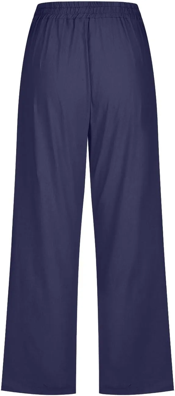 Womens Capri Linen Pants Summer 2025 Casual Drawstring High Waisted Straight Wide Leg Travel Dressy Cropped Trousers