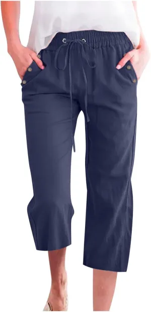 Womens Capri Linen Pants Summer 2025 Casual Drawstring High Waisted Straight Wide Leg Travel Dressy Cropped Trousers