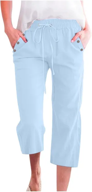 Womens Capri Linen Pants Summer 2025 Casual Drawstring High Waisted Straight Wide Leg Travel Dressy Cropped Trousers