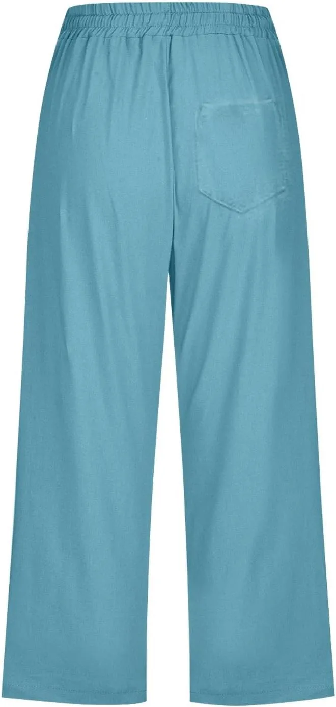 Womens Capri Linen Pants Summer 2025 Casual Drawstring High Waisted Straight Wide Leg Travel Dressy Cropped Trousers