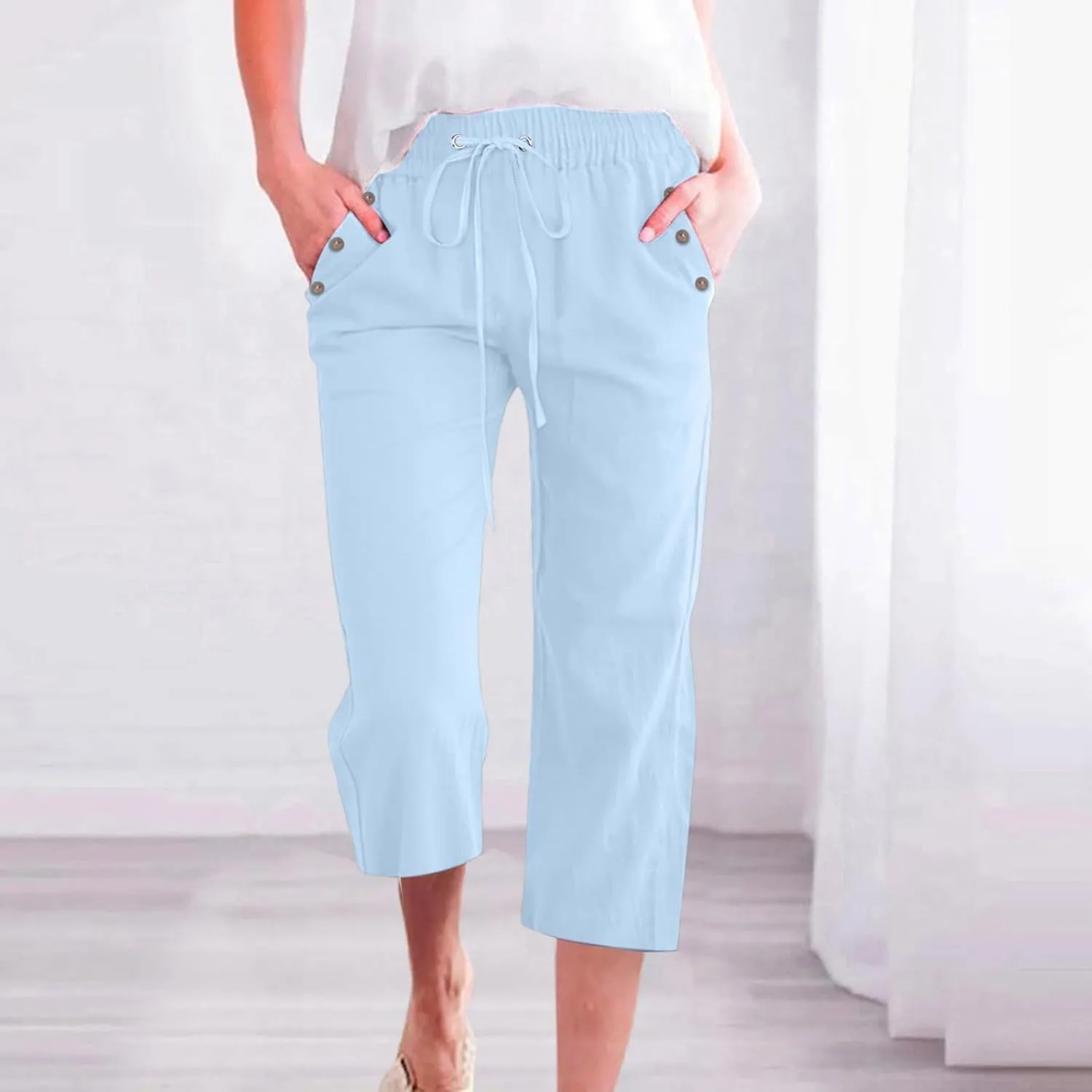Womens Capri Linen Pants Summer 2025 Casual Drawstring High Waisted Straight Wide Leg Travel Dressy Cropped Trousers