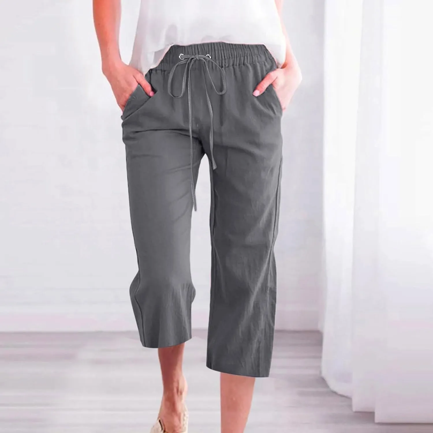 Womens Capri Linen Pants Summer 2025 Casual Drawstring High Waisted Straight Wide Leg Travel Dressy Cropped Trousers