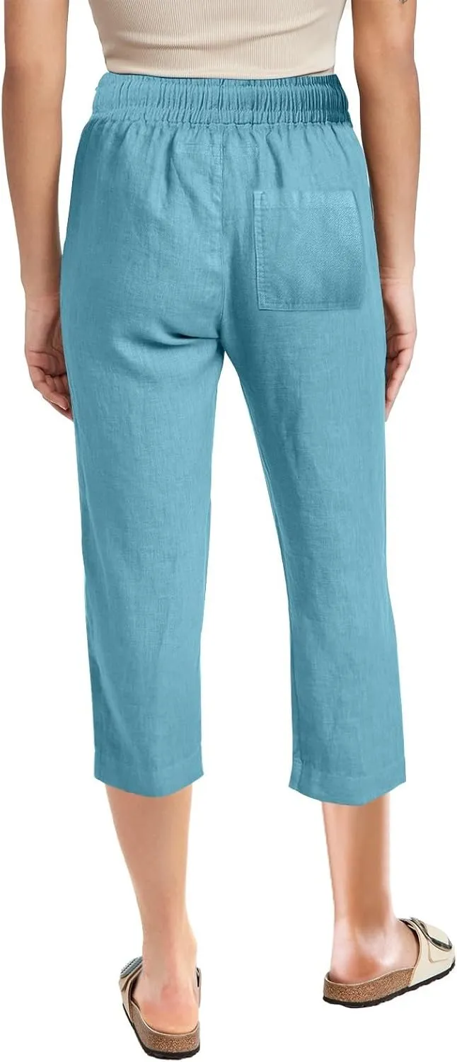 Womens Capri Linen Pants Summer 2025 Casual Drawstring High Waisted Straight Wide Leg Travel Dressy Cropped Trousers