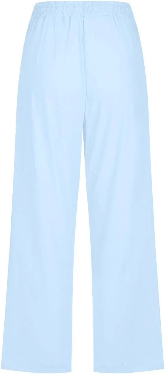 Womens Capri Linen Pants Summer 2025 Casual Drawstring High Waisted Straight Wide Leg Travel Dressy Cropped Trousers