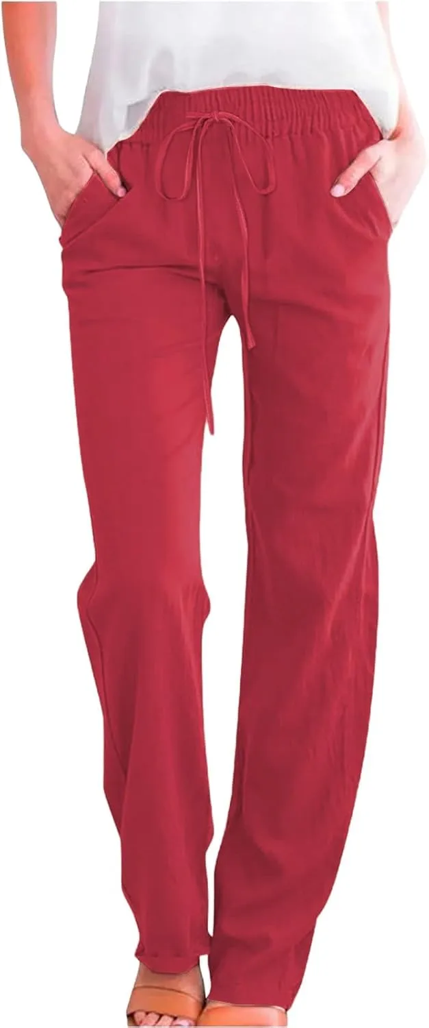 Womens Casual Cotton Linen Pants Lightweight Summer Relax Fit Elastic Waist Plus Size Solid Lounge Long Trousers