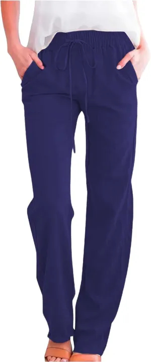 Womens Casual Cotton Linen Pants Lightweight Summer Relax Fit Elastic Waist Plus Size Solid Lounge Long Trousers