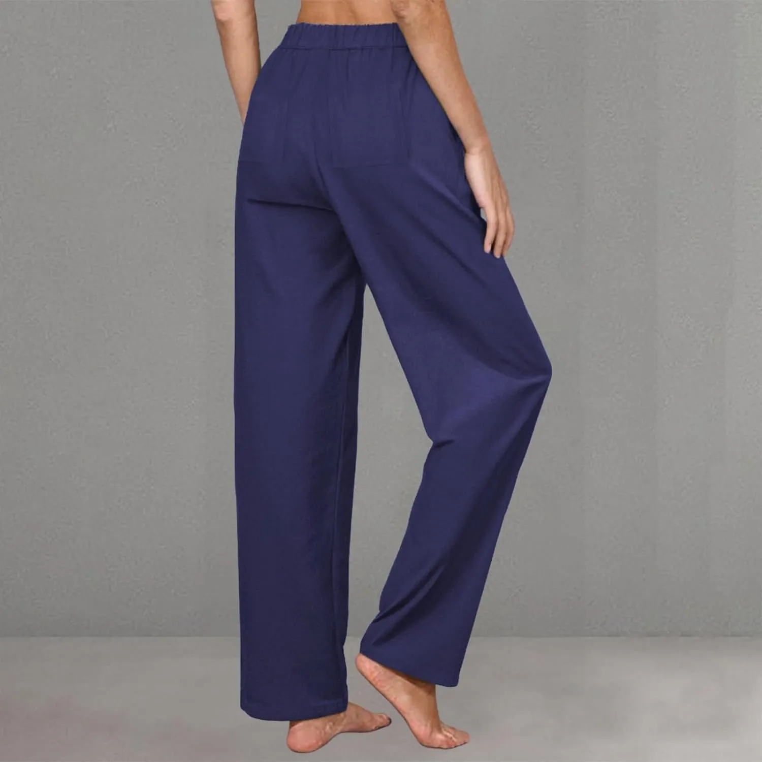 Womens Casual Cotton Linen Pants Lightweight Summer Relax Fit Elastic Waist Plus Size Solid Lounge Long Trousers