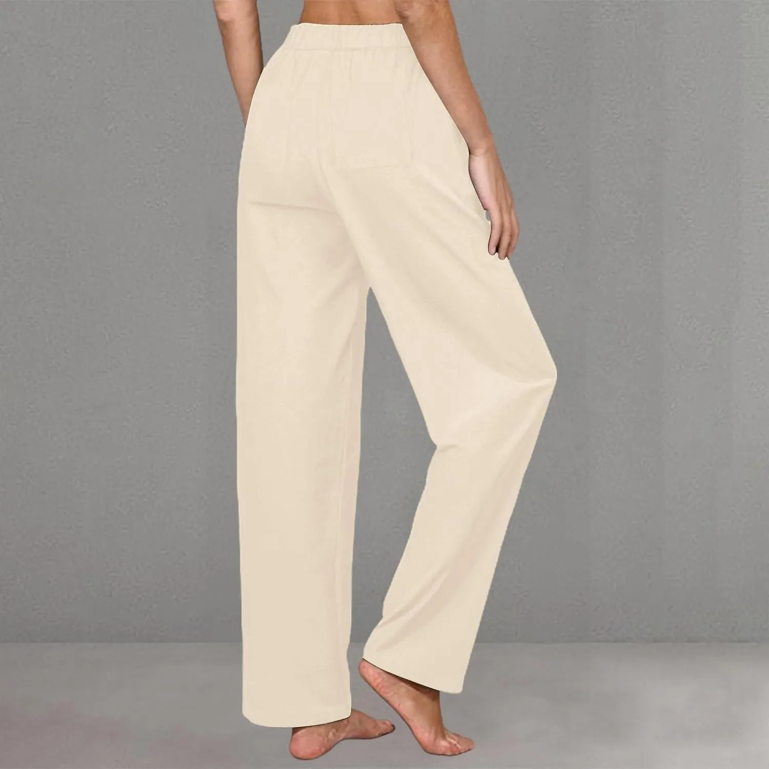 Womens Casual Cotton Linen Pants Lightweight Summer Relax Fit Elastic Waist Plus Size Solid Lounge Long Trousers