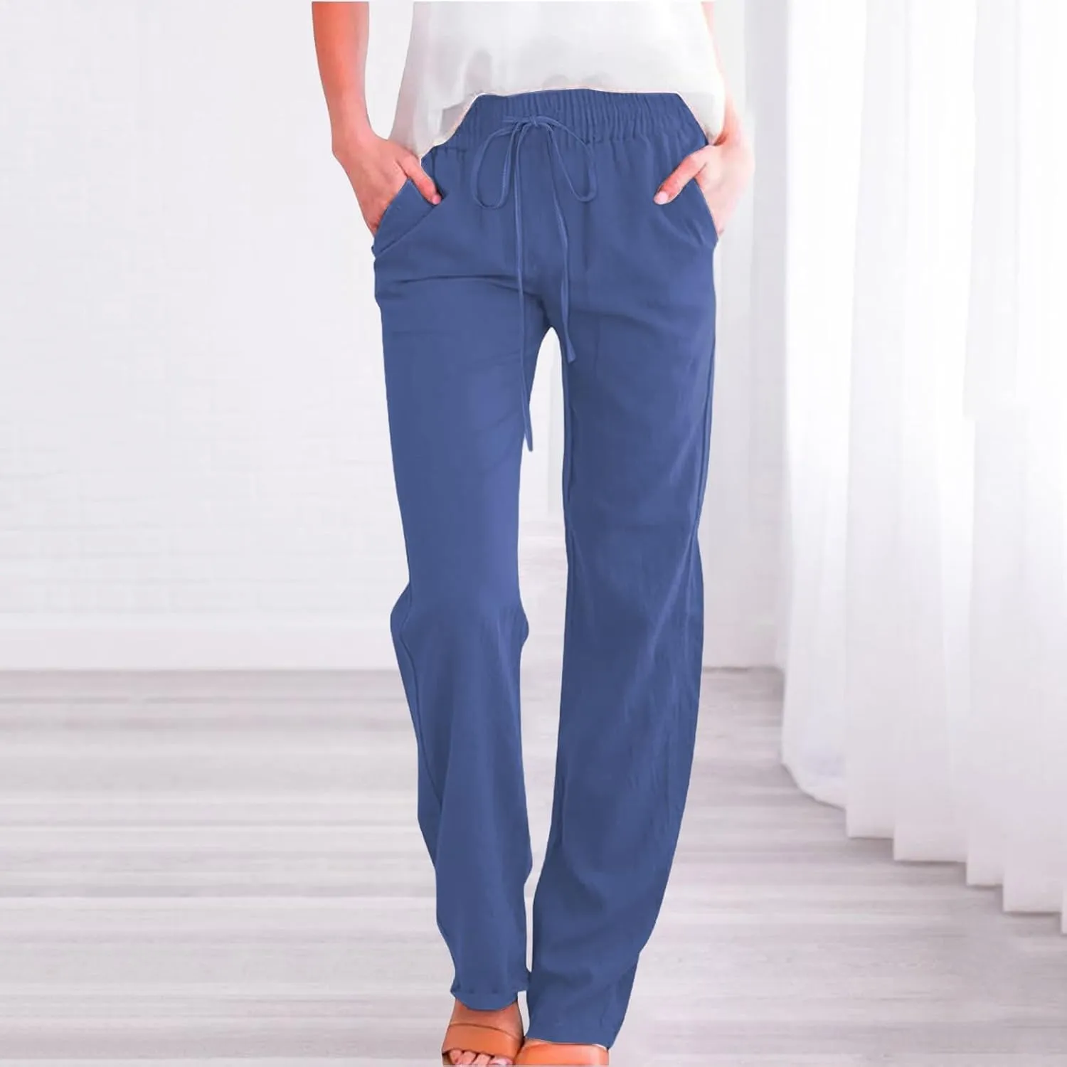 Womens Casual Cotton Linen Pants Lightweight Summer Relax Fit Elastic Waist Plus Size Solid Lounge Long Trousers