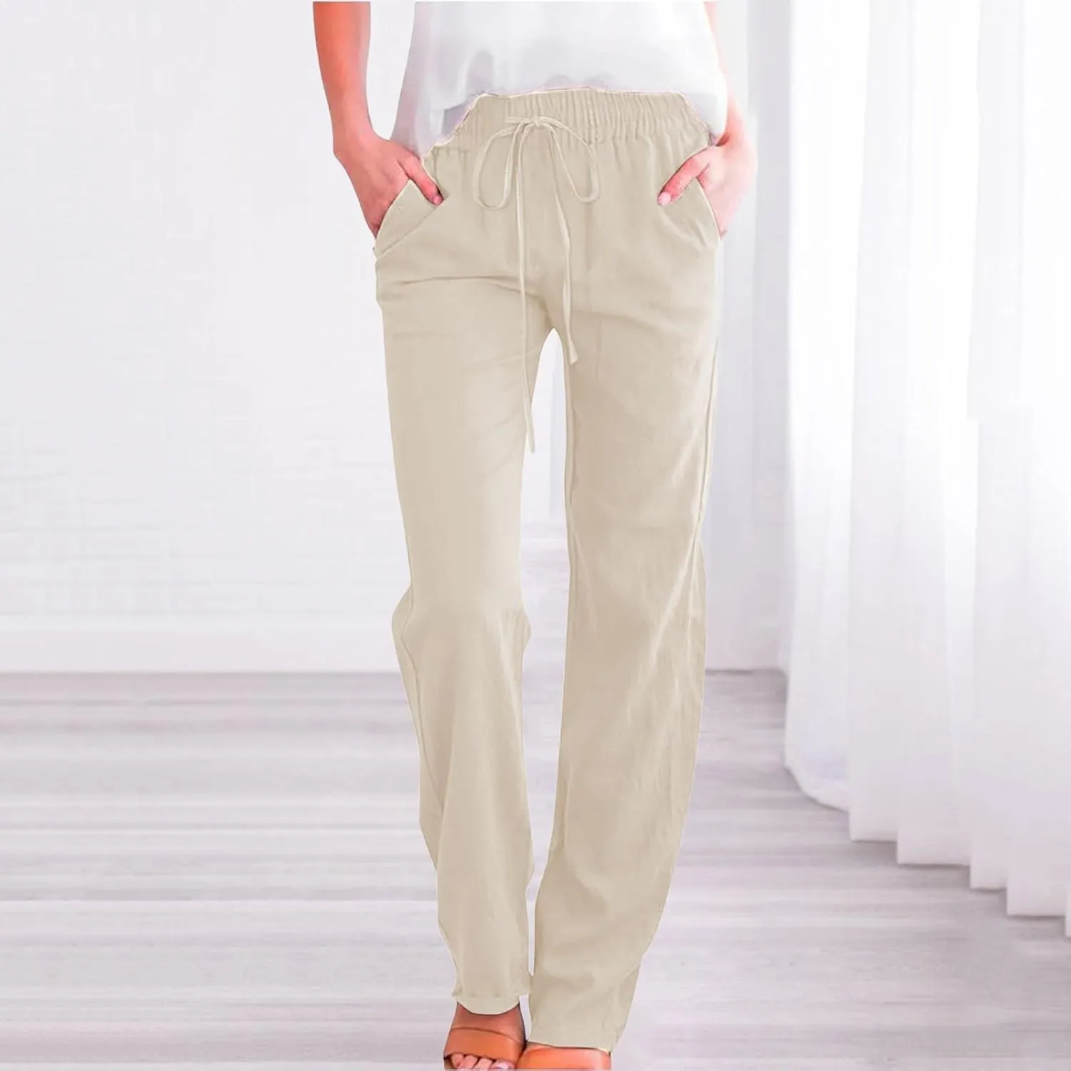 Womens Casual Cotton Linen Pants Lightweight Summer Relax Fit Elastic Waist Plus Size Solid Lounge Long Trousers