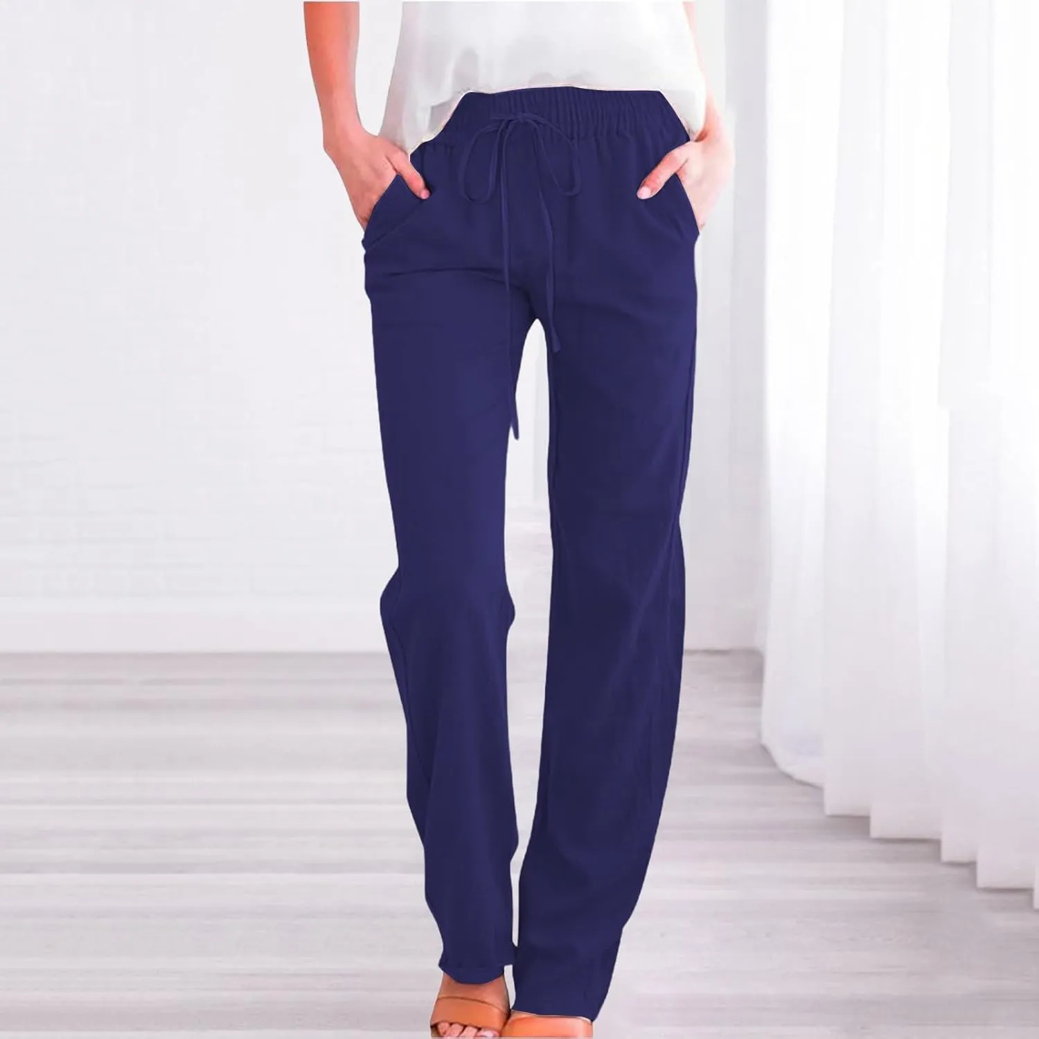 Womens Casual Cotton Linen Pants Lightweight Summer Relax Fit Elastic Waist Plus Size Solid Lounge Long Trousers