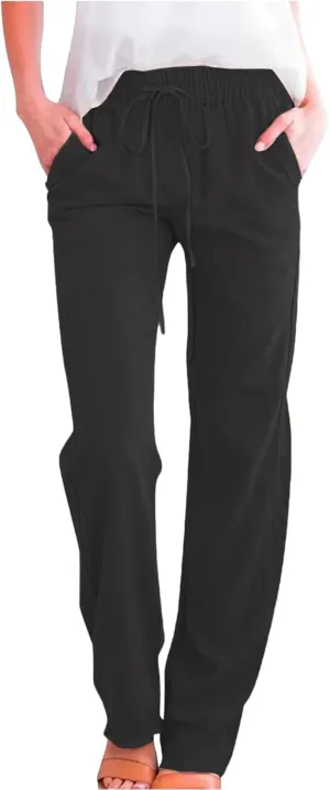 Womens Casual Cotton Linen Pants Lightweight Summer Relax Fit Elastic Waist Plus Size Solid Lounge Long Trousers