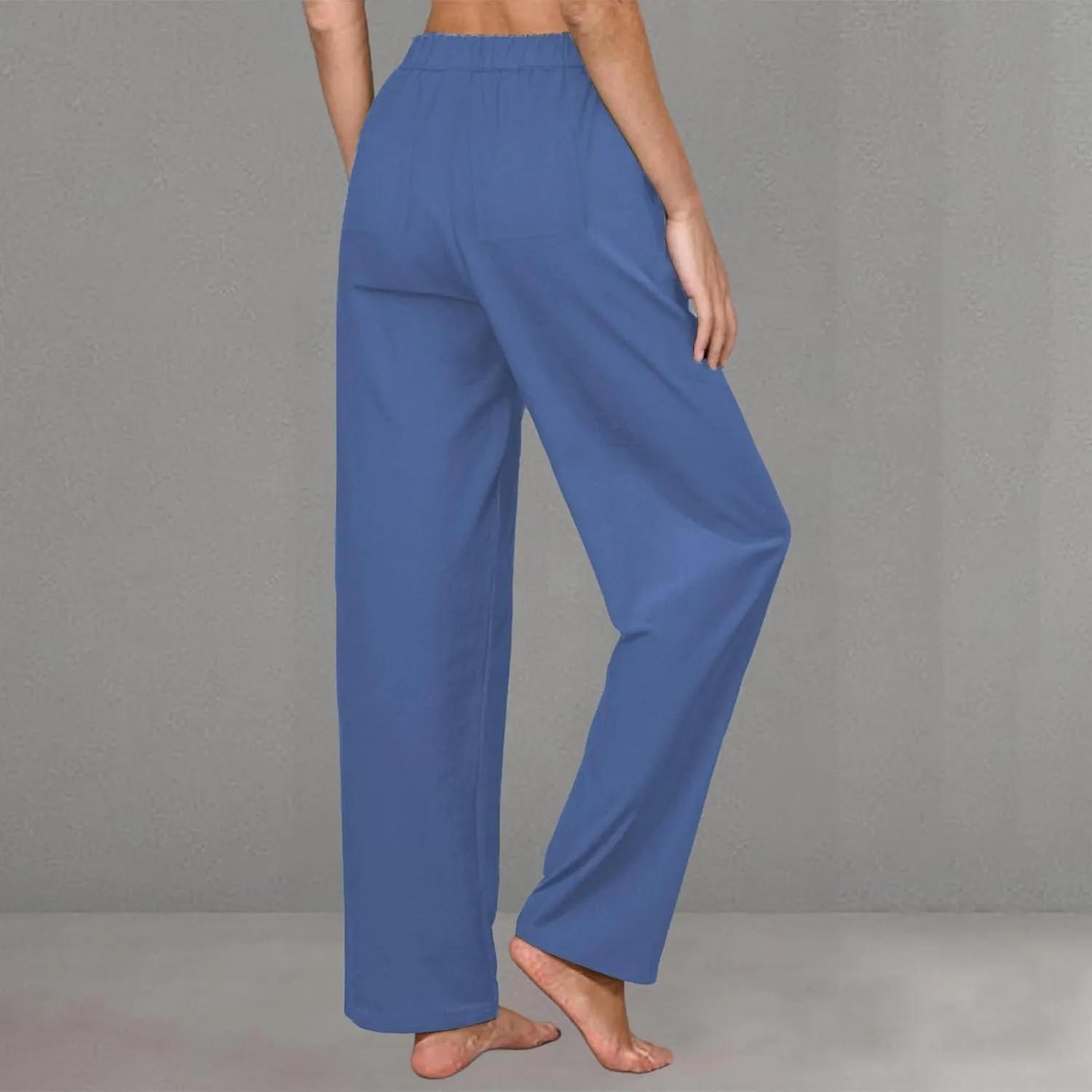 Womens Casual Cotton Linen Pants Lightweight Summer Relax Fit Elastic Waist Plus Size Solid Lounge Long Trousers