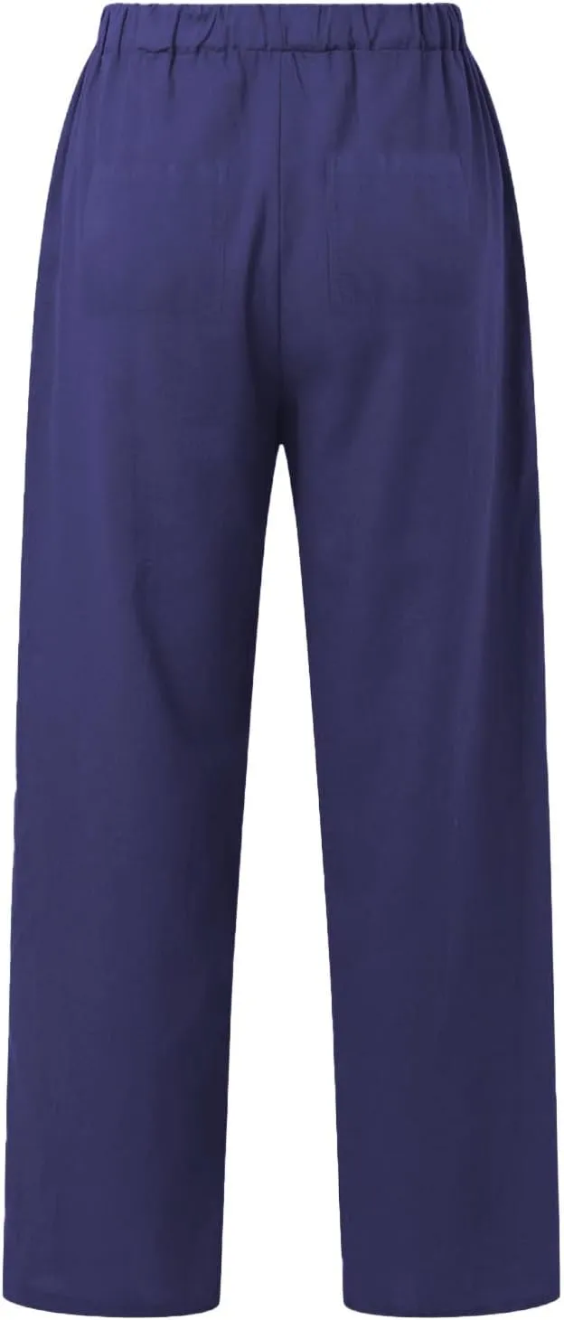 Womens Casual Cotton Linen Pants Lightweight Summer Relax Fit Elastic Waist Plus Size Solid Lounge Long Trousers