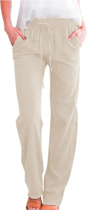 Womens Casual Cotton Linen Pants Lightweight Summer Relax Fit Elastic Waist Plus Size Solid Lounge Long Trousers